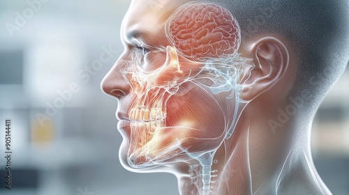 A digital illustration of a human skull and brain in profile view, highlighting anatomical structures. photo