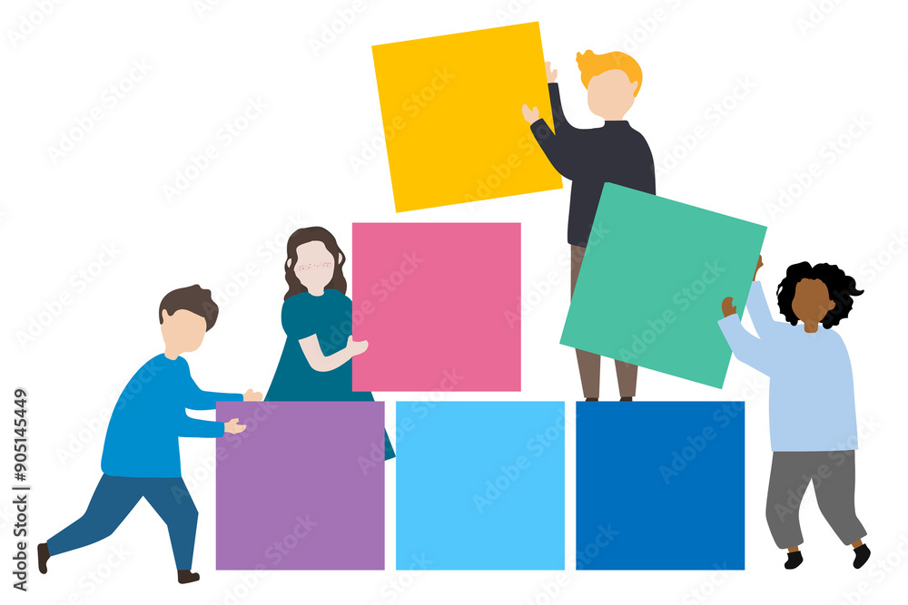Obraz premium Kids building block illustration png, teamwork flat design character transparent background