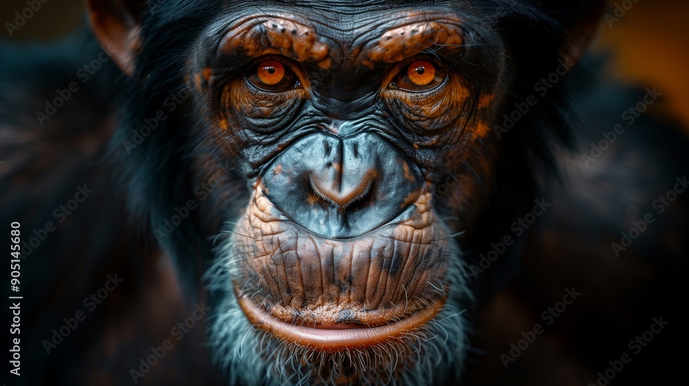 Closeup wild chimpanzee looking at camera. Primate animal portrait on black background. Closeup wild chimpanzee looking at camera. Primate animal portrait on black background.