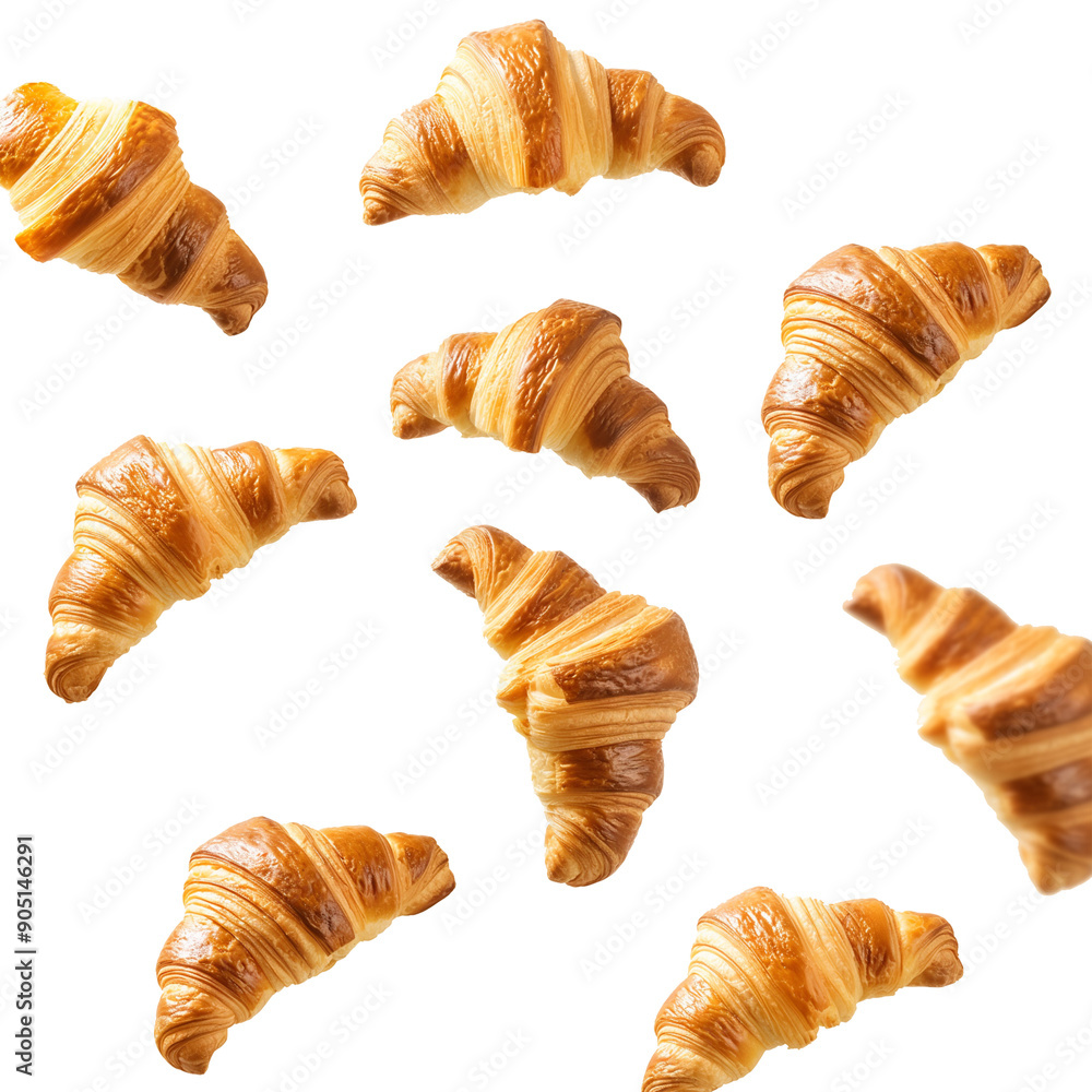 Croissants that fresh and delicious falling in the air isolated on background, Breakfast time, popular plain croissant breads Croissants that fresh and delicious falling in the air isolated on background, Breakfast time, popular plain croissant breads