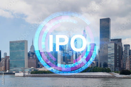 IPO concept with modern digital graphics over city skyline background. photo