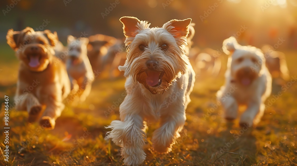 A dynamic shot of a group of dogs chasing each other in a dog park, with their ears flapping and tongues out. The late afternoon light casts warm highlights, adding to the playful atmosphere. A dynamic shot of a group of dogs chasing each other in a dog park, with their ears flapping and tongues out. The late afternoon light casts warm highlights, adding to the playful atmosphere.