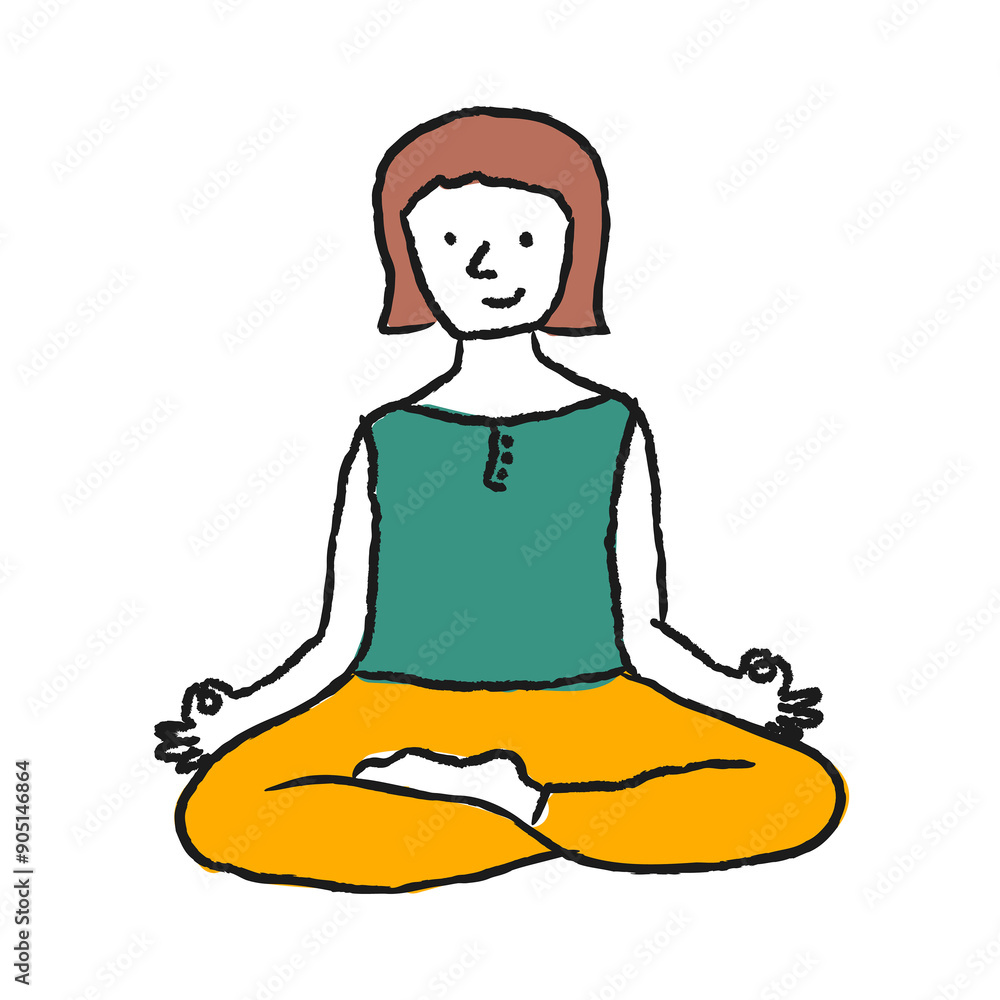 Doodle woman meditating sticker with a white border design element Doodle woman meditating sticker with a white border design element
