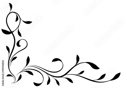 Floral corner ornament with leaves and abstract lines. Graceful element for decor and greeting or invitation card design