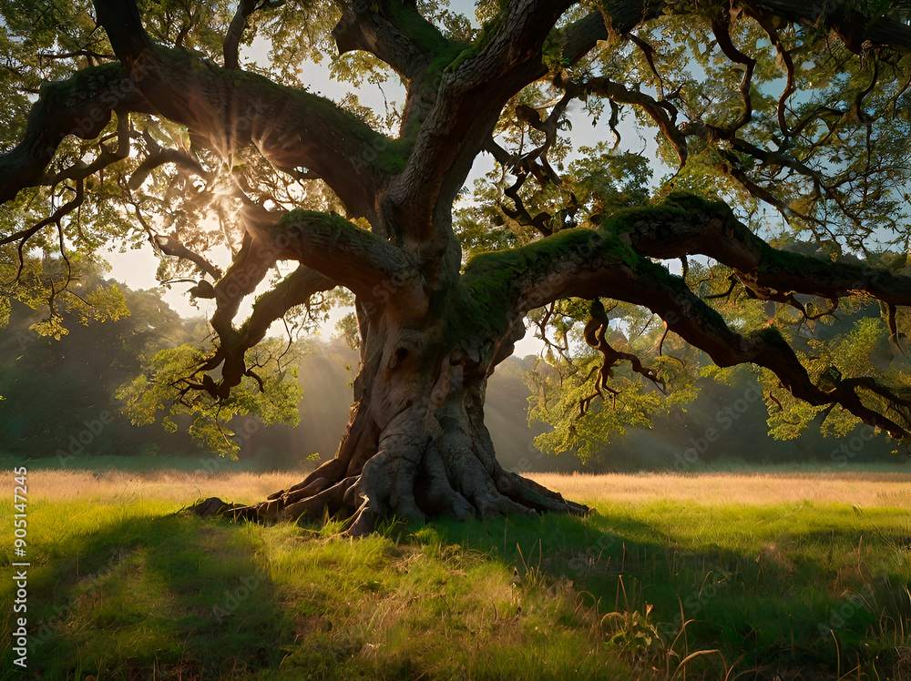 Fototapeta premium An ancient oak's thick, muscular roots gripping the vibrant earth in a sunlit meadow.