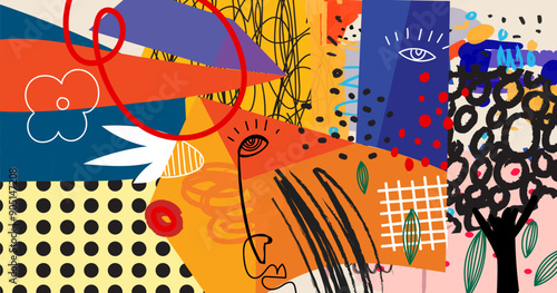 Colorful abstract grunge, rough hand drawn  geometric and shapes line art vector illustration background. Brushes, stroke pattern art work desif for mural, textile, fabric design.