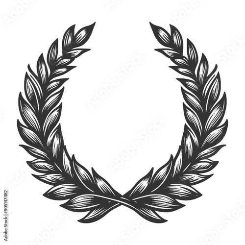 laurel wreath, symbolizing victory and honor, depicted in a detailed engraving style sketch engraving generative ai vector illustration. Scratch board imitation. Black and white image.