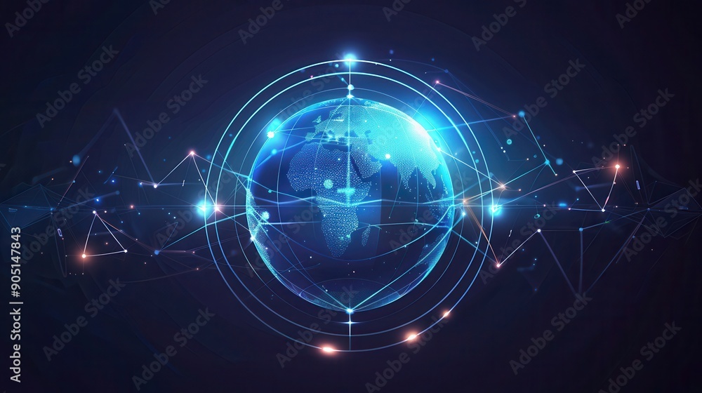 Fototapeta premium A futuristic globe representation with network connections and glowing dots, symbolizing global communication and technology.
