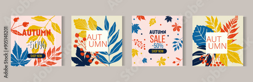 Autumn Sale background, banner, or flyer design. Set of posters with leaves frame. Template for advertising, web, social media