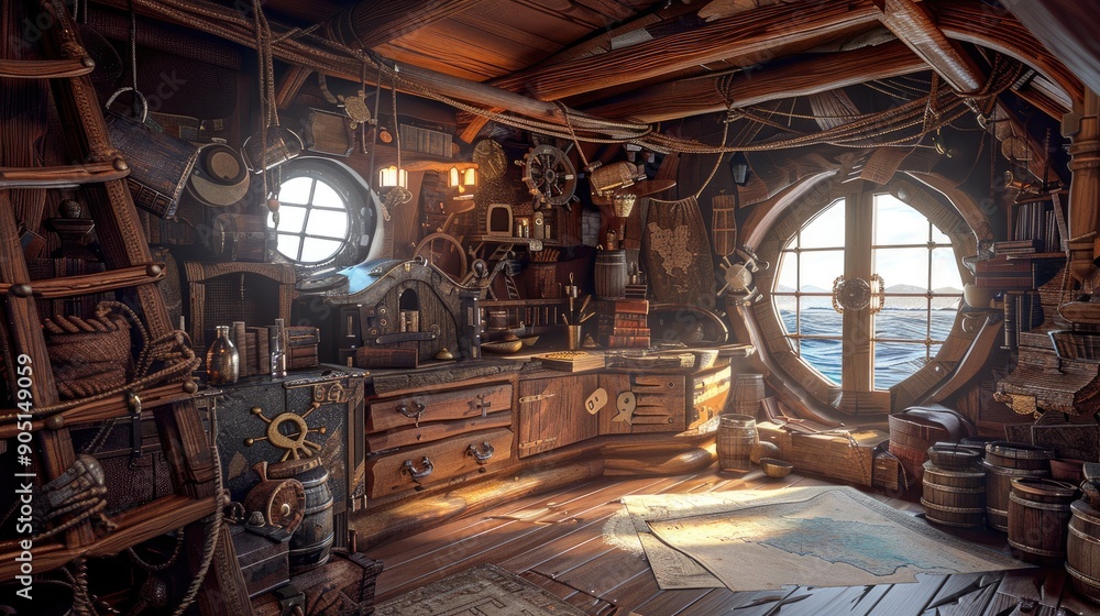 Obraz premium Detailed pirate ship cabin interior with wooden walls, a treasure map, ocean view, and various adventure-themed items.