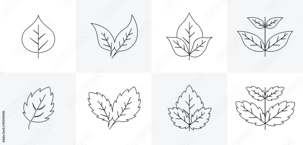 Set of black leaves icons and branches drawing of single continuous line isolated on background Set of black leaves icons and branches drawing of single continuous line isolated on background