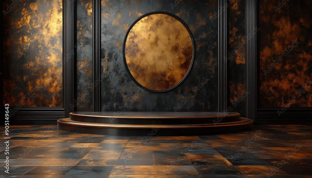 Circular Pedestal with Gold Accents in a Dark Room with a Circular Mirror Circular Pedestal with Gold Accents in a Dark Room with a Circular Mirror