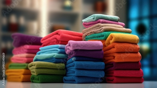 Colorful Towels Stacked in a Bathroom