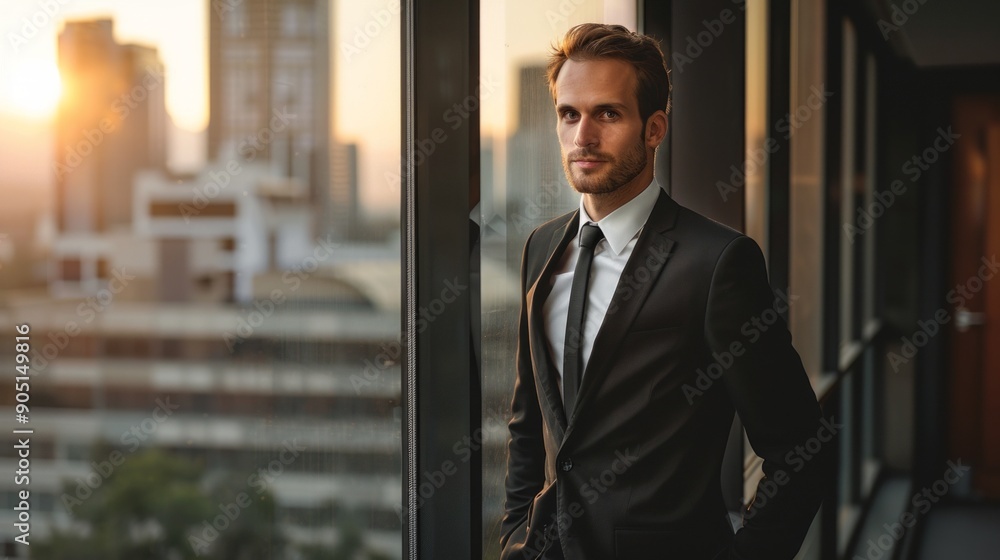 Fototapeta premium A young businessman in a black suit stands by a window overlooking a city, exuding confidence and contemplation in the warm light of sunrise or sunset.