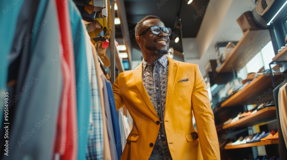 Middle-aged man in yellow suit and sunglasses appears joyful while shopping in colorful clothing store with neatly displayed shoes, exuding happiness and satisfaction. Middle-aged man in yellow suit and sunglasses appears joyful while shopping in colorful clothing store with neatly displayed shoes, exuding happiness and satisfaction.