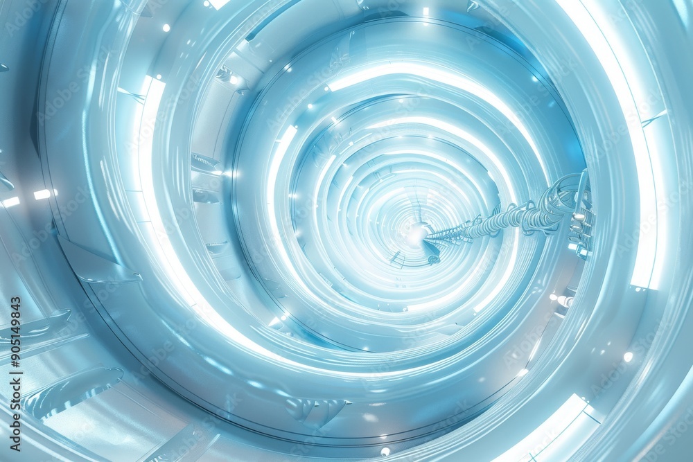 Fototapeta premium Futuristic white and blue light tunnel with circular design, surreal and abstract concept