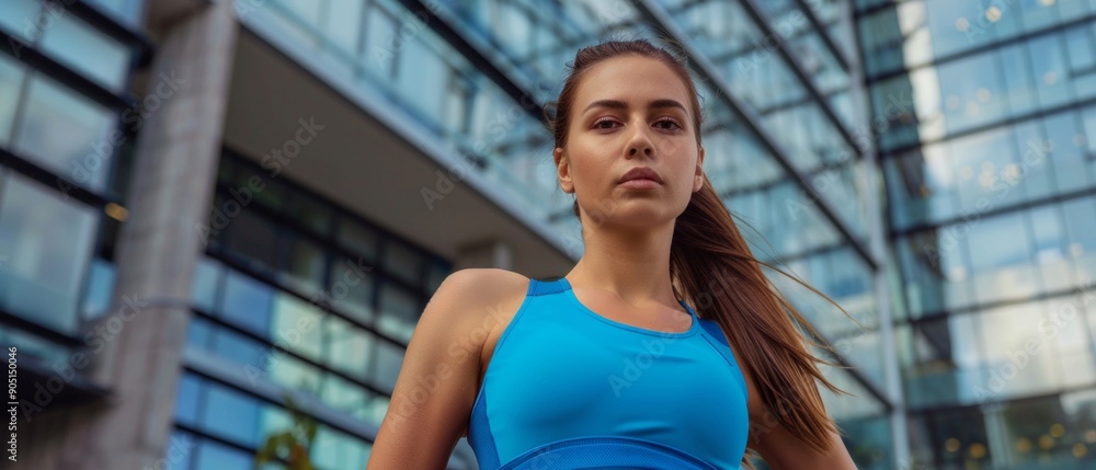 A determined young woman with dark hair in a ponytail, wearing a sky-blue tank top, stands by a glass building in an urban setting, exuding confidence. A determined young woman with dark hair in a ponytail, wearing a sky-blue tank top, stands by a glass building in an urban setting, exuding confidence.
