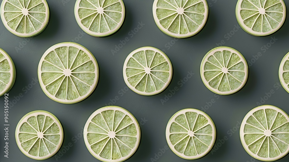 A group of three limes cut in half and placed side by side on a gray background A group of three limes cut in half and placed side by side on a gray background