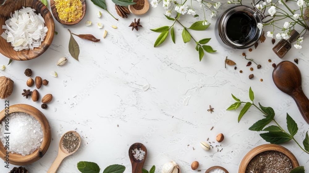 Assorted natural ingredients and spices on a white marble surface Assorted natural ingredients and spices on a white marble surface