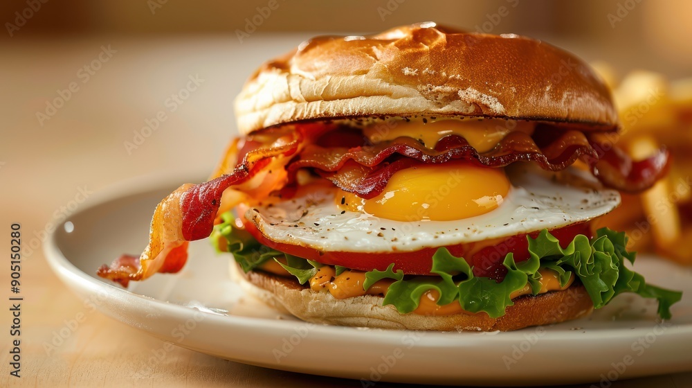 Delicious Breakfast Sandwich with Egg and Bacon with Pastel blurred Background Delicious Breakfast Sandwich with Egg and Bacon with Pastel blurred Background