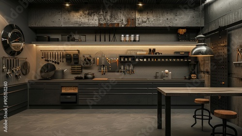 Industrial-style workspace with gray/brown tones, black metal table, chock-full of tools, concrete wall   artistically lit holes. Modern, stylish, and functional design.
