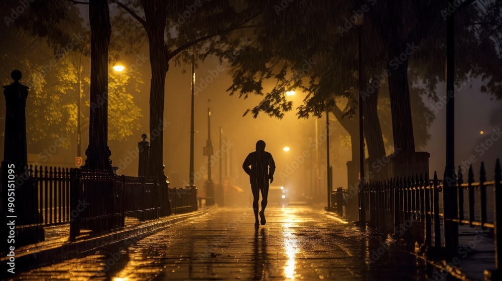 Fototapeta premium Silhouette of a Runner in a Foggy Cityscape