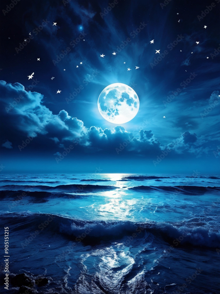 Fototapeta premium Celestial Full Moon over Dreamy Ocean