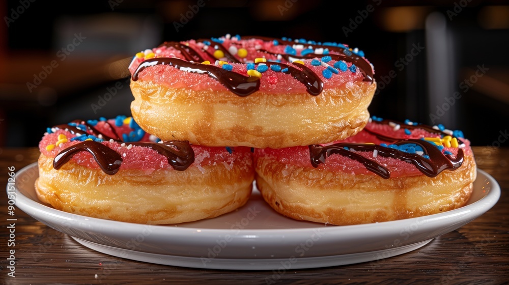 Closeup stack of colorful donuts with sprinkles and chocolate drizzle is displayed on a white plate. Sweet pastry doughnut delicious background. Closeup stack of colorful donuts with sprinkles and chocolate drizzle is displayed on a white plate. Sweet pastry doughnut delicious background.