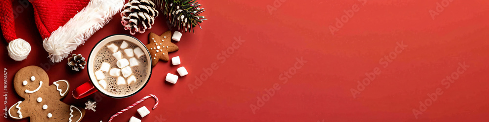 Flat lay of Christmas hot chocolate with marshmallows, cookies, and pine cones on red background. Christmas and holiday concept. Design for greeting cards and posters. With copy space Flat lay of Christmas hot chocolate with marshmallows, cookies, and pine cones on red background. Christmas and holiday concept. Design for greeting cards and posters. With copy space