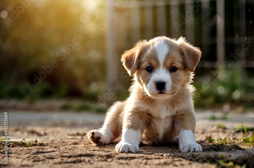 Wallpaper Mural An adorable brown and white mix puppy sitting down in a grass field Torontodigital.ca