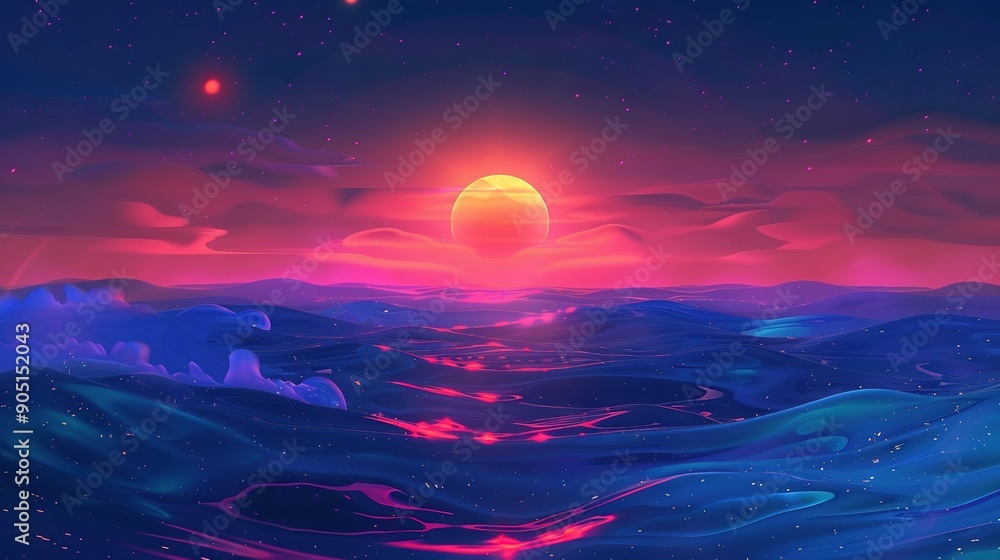 A sunset painting over water with an orange sun in the sky A sunset painting over water with an orange sun in the sky