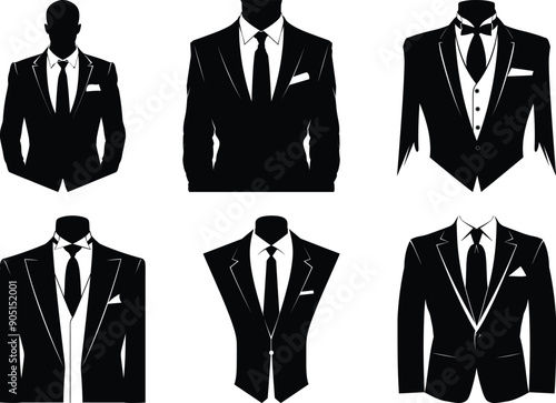 Business suits with tie silhouette set, suits tie silhouette, Flat Suit and Tie Icon, Tuxedo Silhouette, Stylish professional tuxedo.