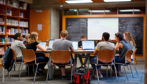 Students with Laptops in a Meeting at University Library or Study Room