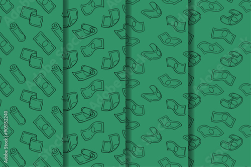 set of green money cartoon pattern for packaging. cash flow seamless pattern background. seamless pattern of falling money or cash. doodle raining money bill pattern collection for print and wallpaper