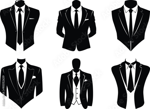 Business suits with tie silhouette set, suits tie silhouette, Flat Suit and Tie Icon, Tuxedo Silhouette, Stylish professional tuxedo.