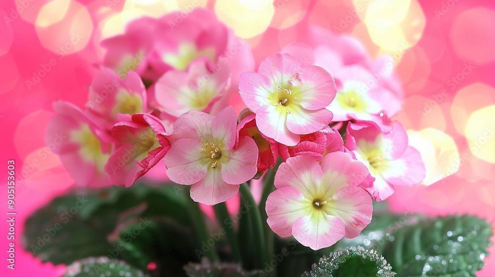 A vase brimming with pink and white blossoms graces a pink backdrop, illuminated by warm light from behind A vase brimming with pink and white blossoms graces a pink backdrop, illuminated by warm light from behind