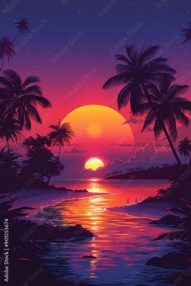 Naklejka premium Sunset Beach with Palm Trees