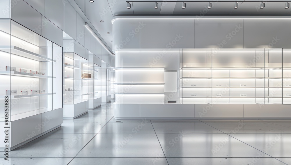 Minimalist Modern Store Interior with Glass Shelves Minimalist Modern Store Interior with Glass Shelves