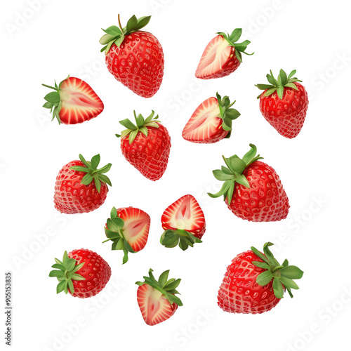 Set of fresh whole and sliced strawberries.