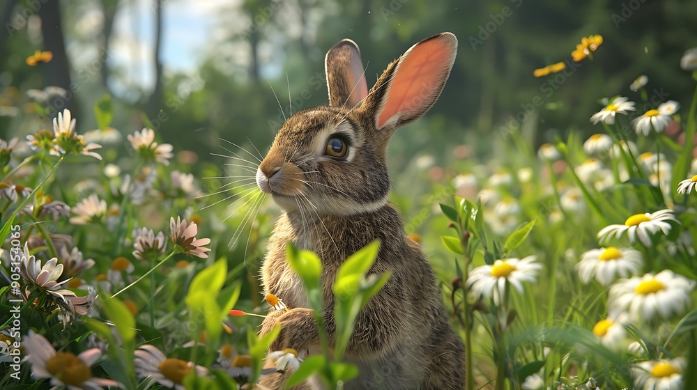 Obraz premium A vibrant scene of a rabbit eating fresh vegetables in a lush garden, with a background of blooming daisies and tall grass. The bright, natural light enhances the lively and cheerful mood.