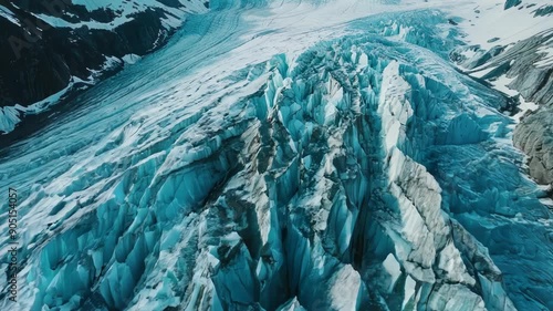 Gigantic icebergs floating on the ocean, showing the scale of polar melting due to climate change. The view from a helicopter looking down over these majestic natural formations. photo