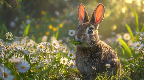 A vibrant scene of a rabbit eating fresh vegetables in a lush garden, with a background of blooming daisies and tall grass. The bright, natural light enhances the lively and cheerful mood. photo