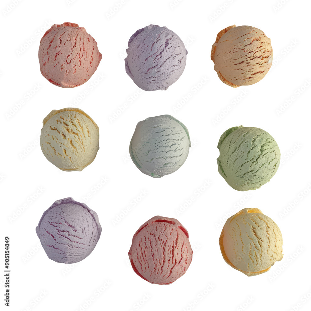 Multiple scoops of ice cream isolated on a transparent background, seen from above. Multiple scoops of ice cream isolated on a transparent background, seen from above.