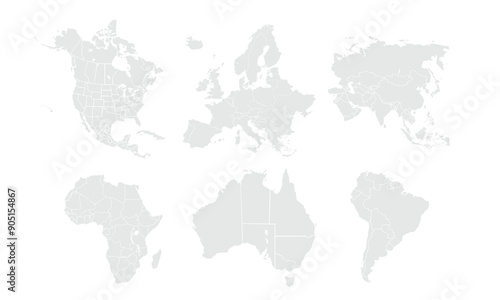 Territory of continents map North America, South America, Europe, Australia, Africa, Asia. Grayscale,isolated on white background for website layouts,background,education, precise,customizable.