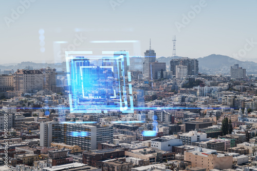 Digital overlay on cityscape with modern buildings and distant hills.