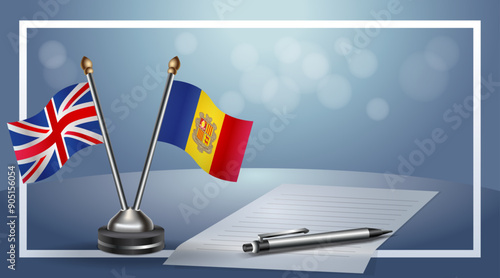 United Kingdom and Andorra Small national flag on bokeh background, cooperative relationship