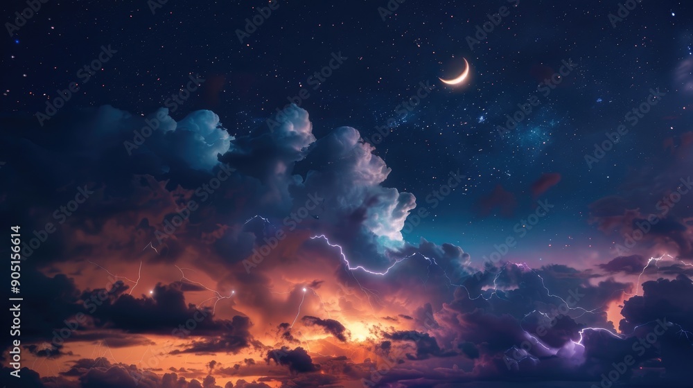 Fototapeta premium Dramatic night sky featuring storm clouds, lightning, stars, and a crescent moon over a glowing horizon