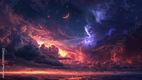 Dramatic night sky featuring storm clouds, lightning, stars, and a crescent moon over a glowing horizon