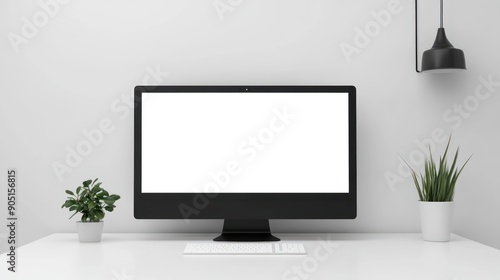 computer monitor and plants on white table