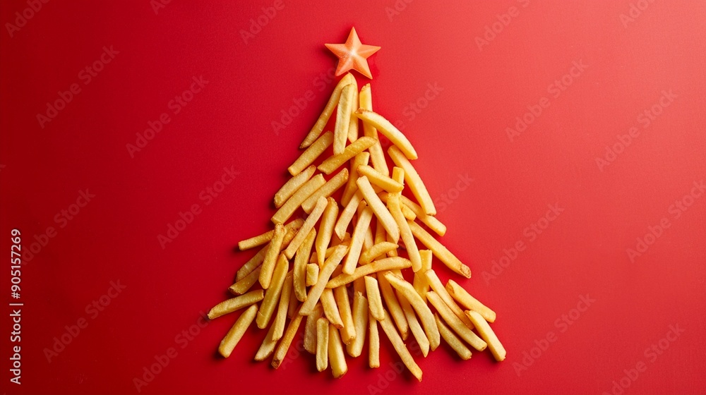 Creative Christmas tree made of french fries on vibrant red background, topped with golden star. Festive fast food concept blends holiday spirit with junk food humor. Creative Christmas tree made of french fries on vibrant red background, topped with golden star. Festive fast food concept blends holiday spirit with junk food humor.